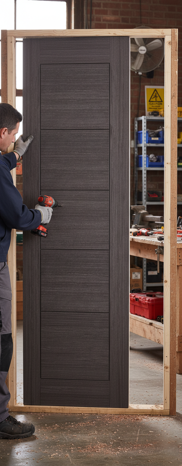 Premium Modern 5-Panel Fire Door in Ash Grey with Unique V Groove Design for Contemporary Homes