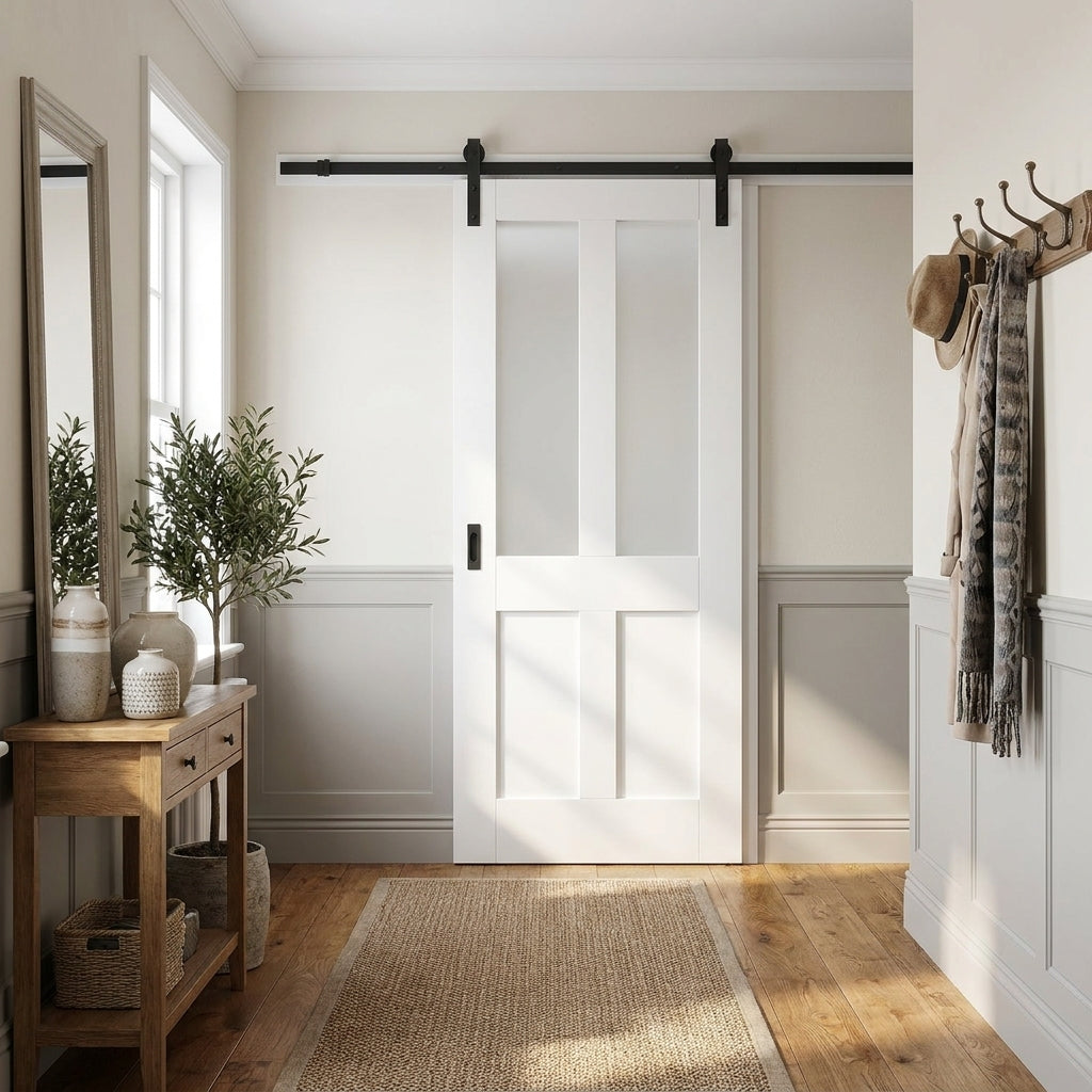 White Internal Sliding Door, Primed Finish, Victorian 2 Panel, 2 Light Obscure Glass