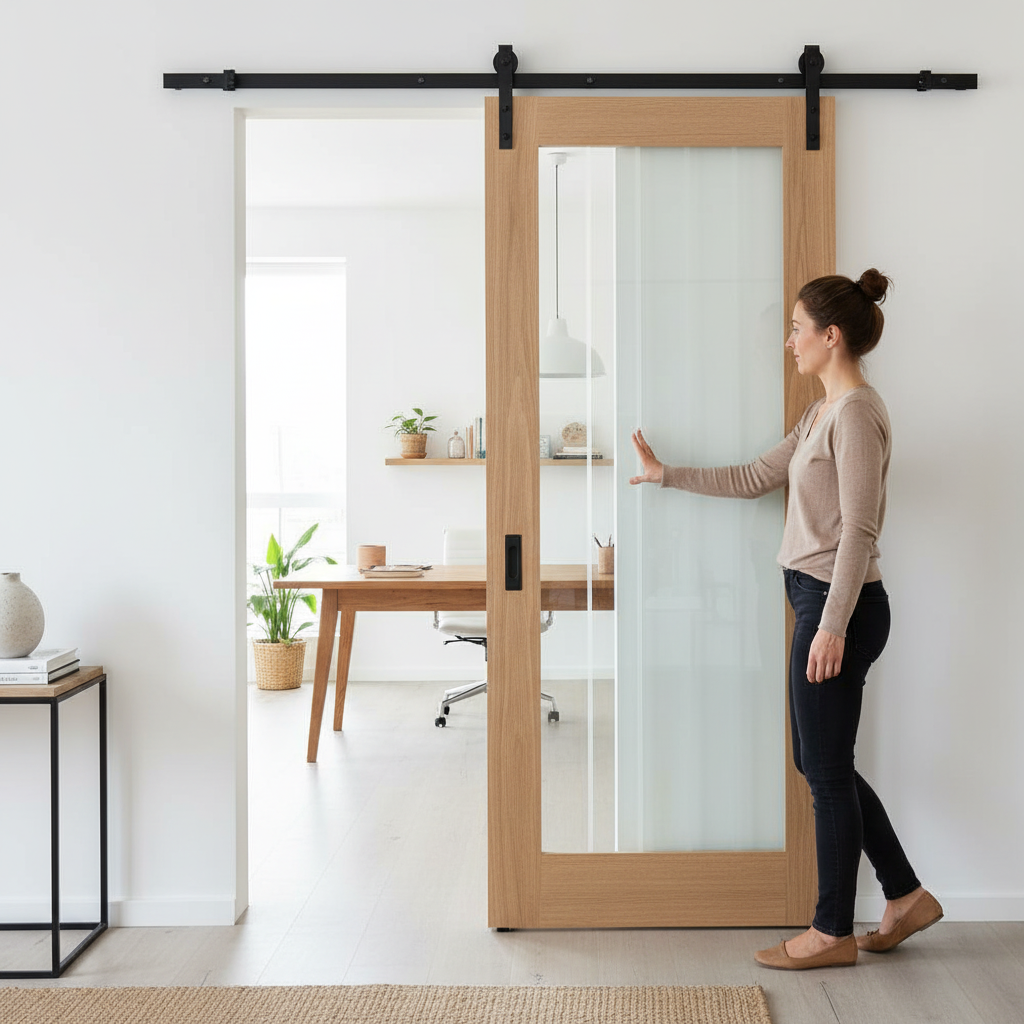 Premium Unfinished Oak Sliding Door with Obscure Lined Clear Glass - Top Mounted for Seamless Operation - Image 2