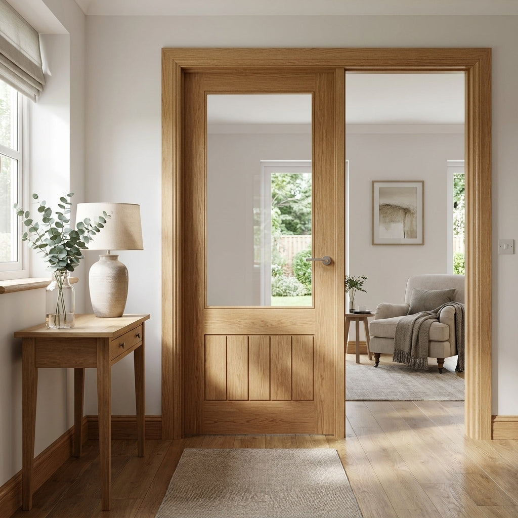 Internal Oak FD30 Fire Door Fully Finished with 1 Light Clear Glass