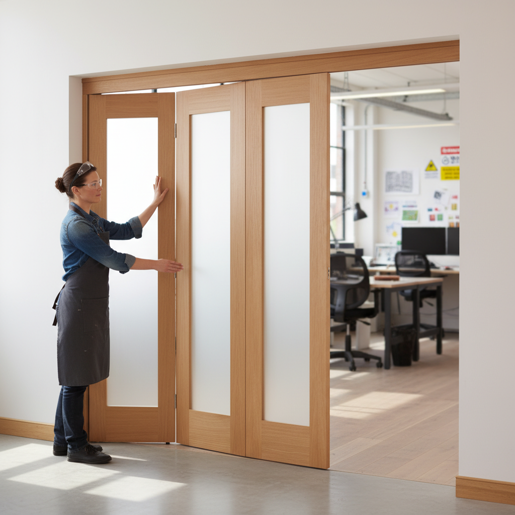 Premium Frosted Glazed Bifold Doorset with Oak Pattern Design - Top-Hung System for Enhanced Privacy and Style