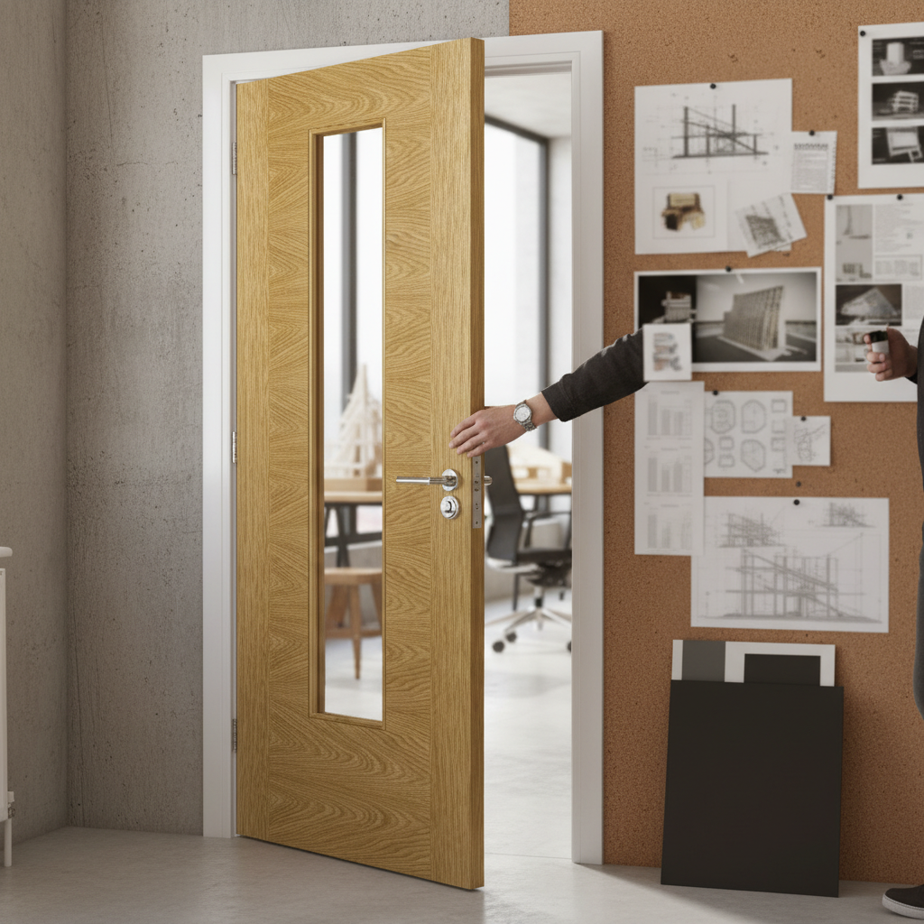 Premium Contemporary Oak Glazed Internal Door with Semi-Solid Core and Clear Tempered Glass
