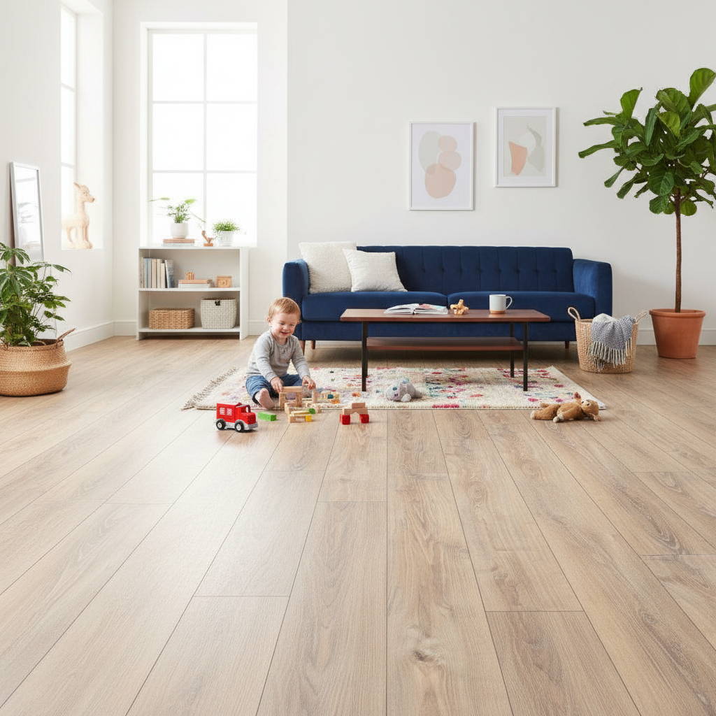 Premium 8mm Water-Resistant Laminate Flooring in Whitewashed Oak for Classy Interiors