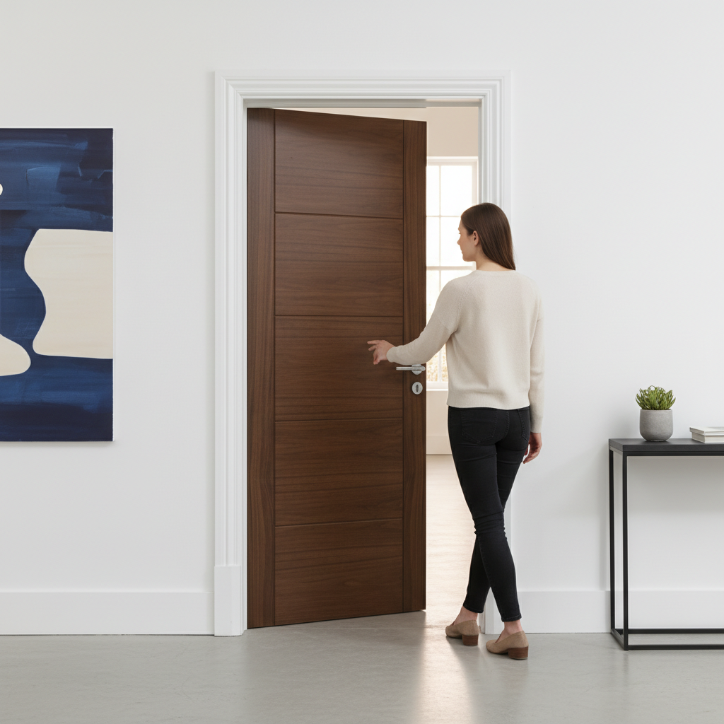 Premium Contemporary Walnut Internal Door with Grooved Panels and Solid Core Construction