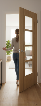 Premium Oak Internal Door with Walnut Inlay and Clear Satin Finish, Engineered for Strength and Stability