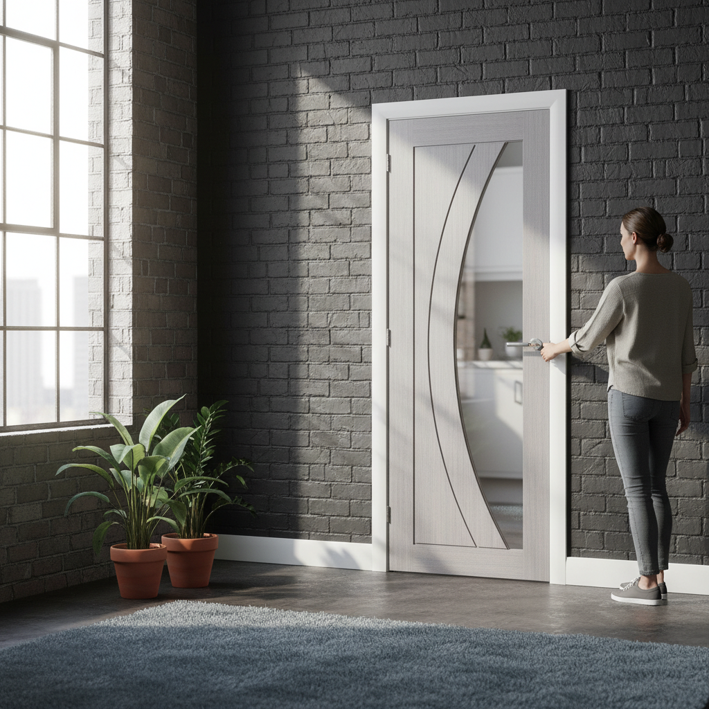 Premium Light Grey Internal Door with Curved Clear Glass Panel and Solid Core Construction