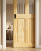 Internal Pocket Door Set Unfinished Clear Pine 2 Panel 2 Light Glass - detail view
