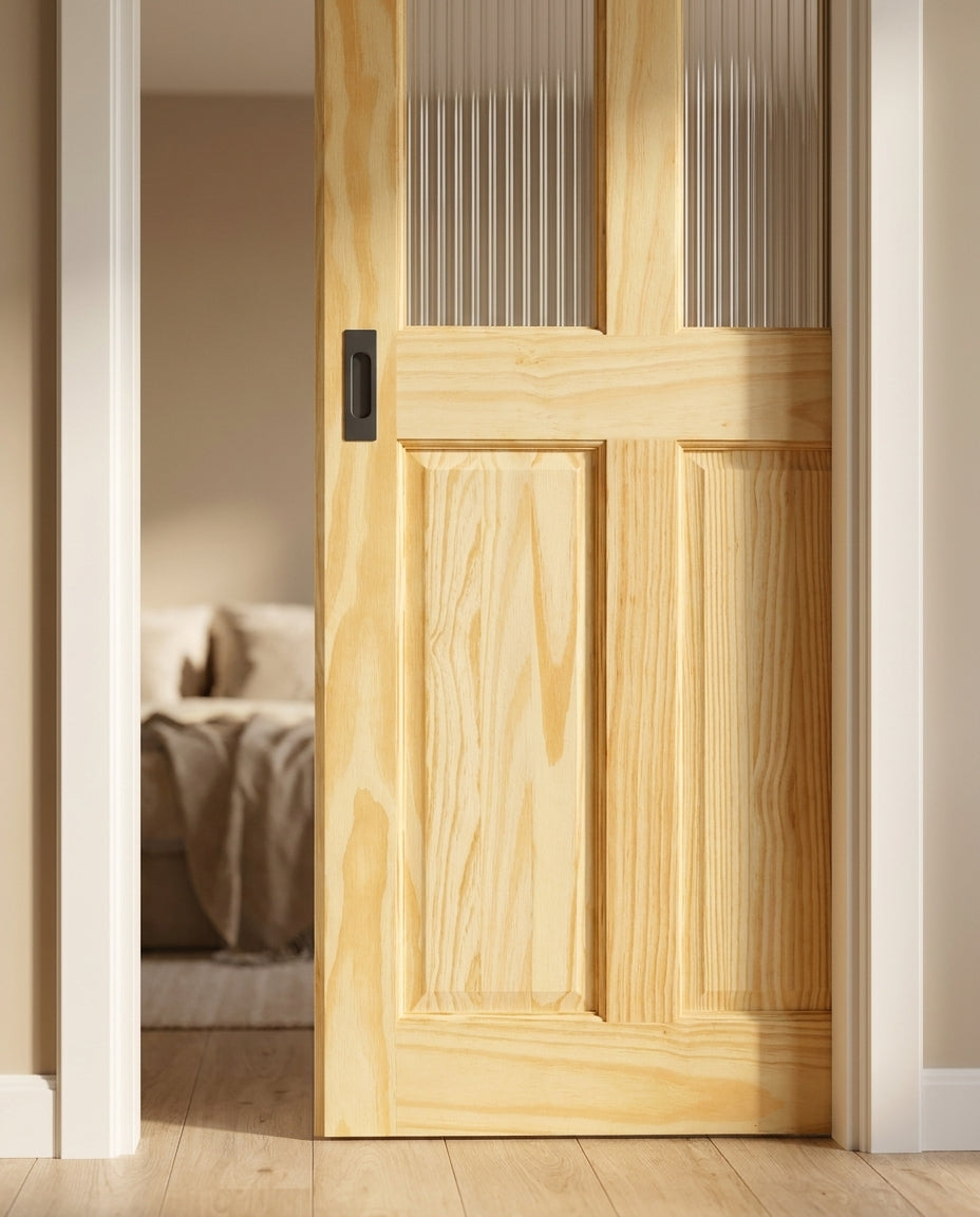 Internal Pocket Door Set Unfinished Clear Pine 2 Panel 2 Light Glass - detail view