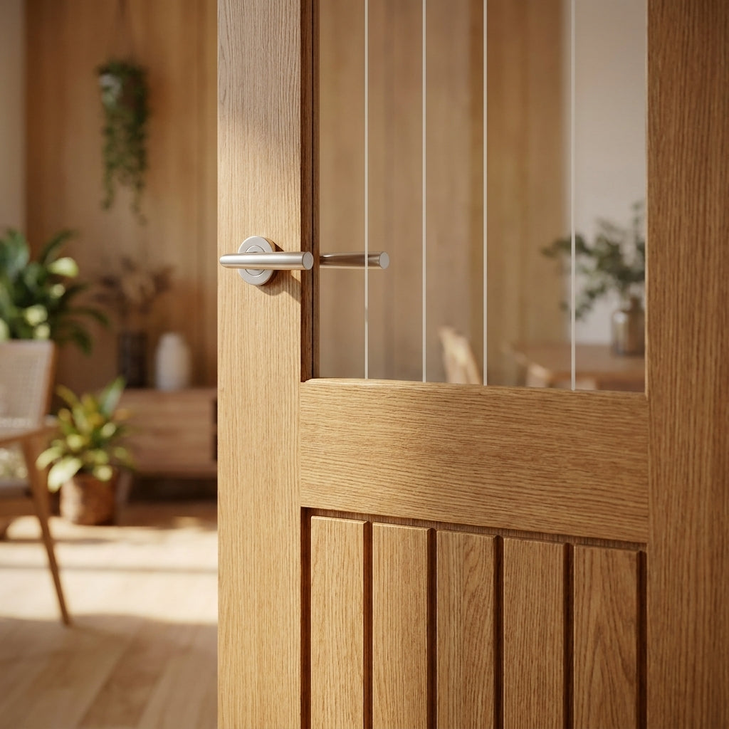 Internal Oak Door Made-to-Measure with Fully Finished 1 Panel 1 Light Obscure Glass - detail view