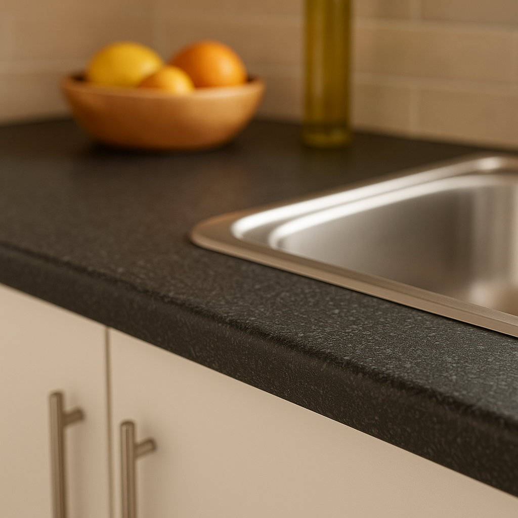 Rounded Edge Laminate Worktop in Black Slate, 3000mm x 600mm x 38mm - detail view