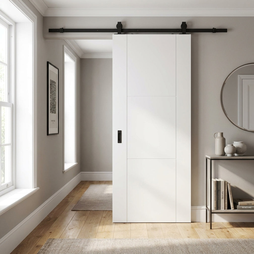 Internal White Primed Sliding Door with 3 Panels and Black Top Mount