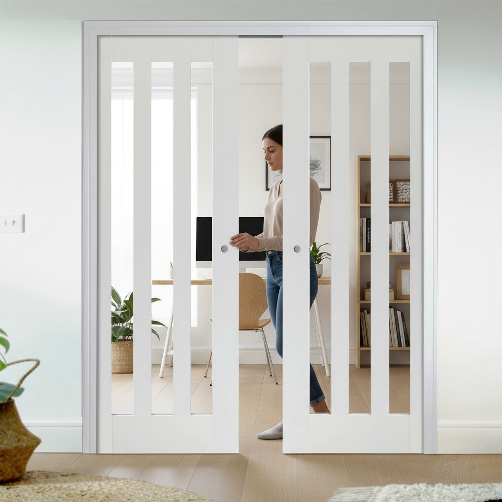 Premium 3L Glazed Double Pocket Door Set with Galvanised Steel Frame and Space-Saving Design for Natural Light