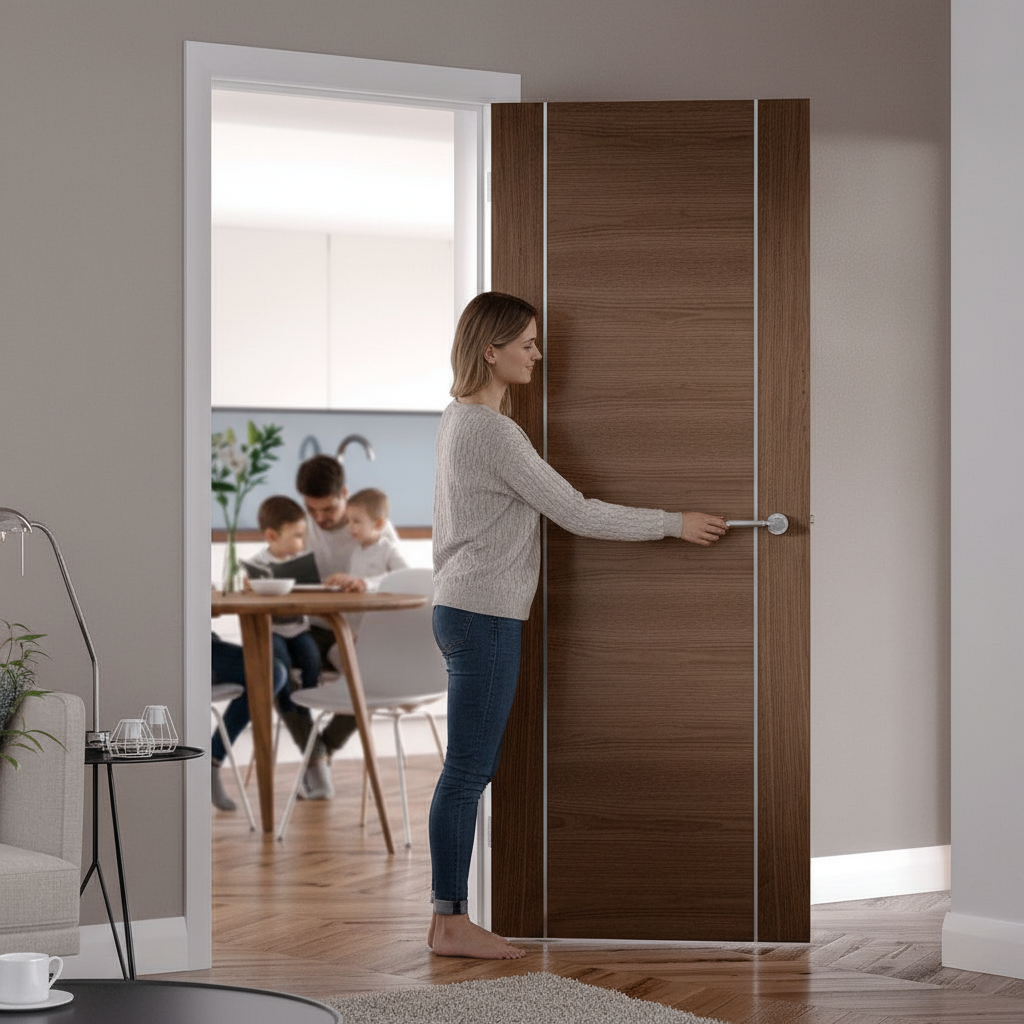 Premium Fully Finished Walnut Internal Door with Decorative Aluminium Inserts for Contemporary Home Design