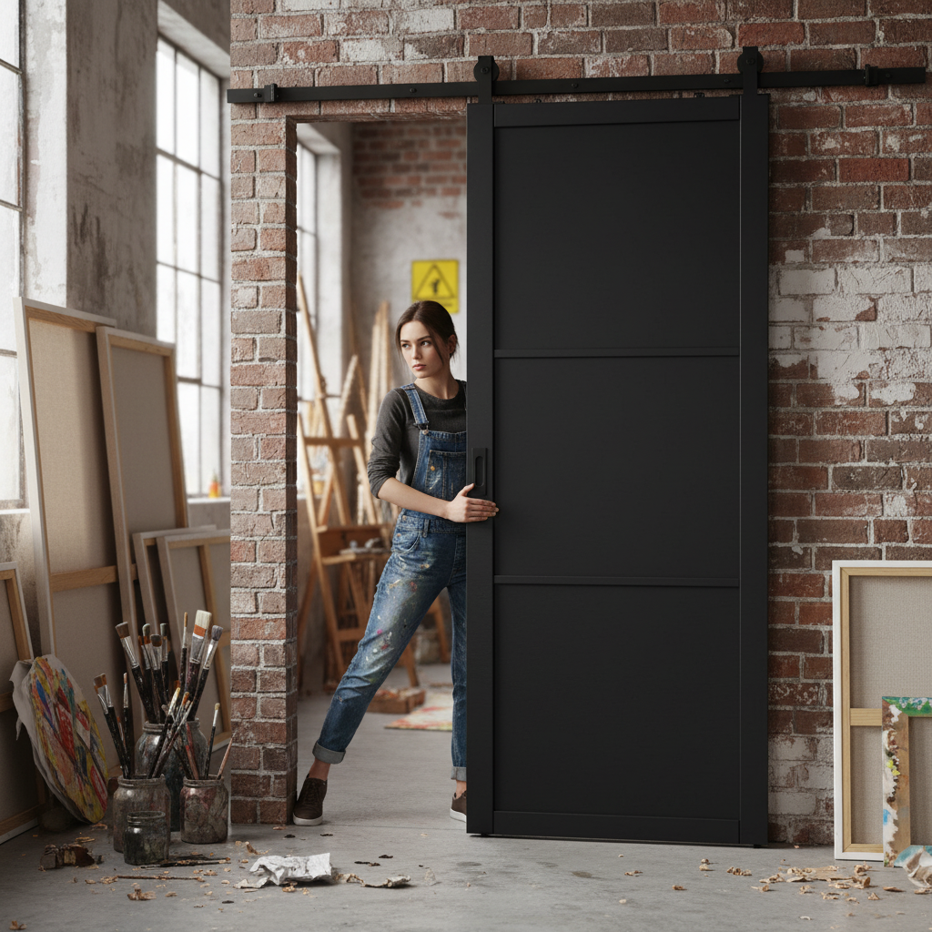 Premium Internal Primed Industrial 2.0 Lifestyle 3 Panel Door with Matt Black Top Mounted Track for Modern Interiors