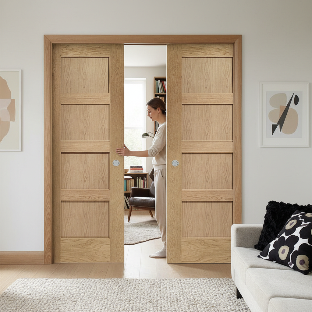 Premium Double Pocket Door System with Oak 4 Panel Doors, Galvanised Steel Frame, and Adjustable Jambs for Seamless Installation