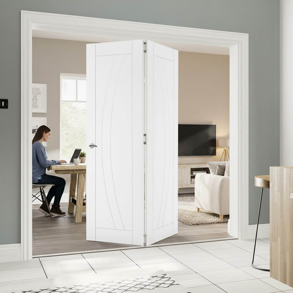 Premium White Room Divider with Bi-Folding Doors and Top Hung System for Versatile Space Management