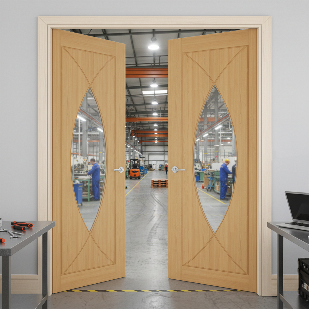 Premium Clear Glazed Oak Interior Door Pair with Solid Core and Toughened Glass - High-Quality Professional Grade for Industrial and Commercial App...