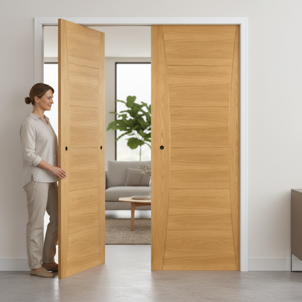 Premium Oak Double Pocket Door Set with Galvanised Steel Frame and Adjustable Jamb Options for Seamless Interior Spaces