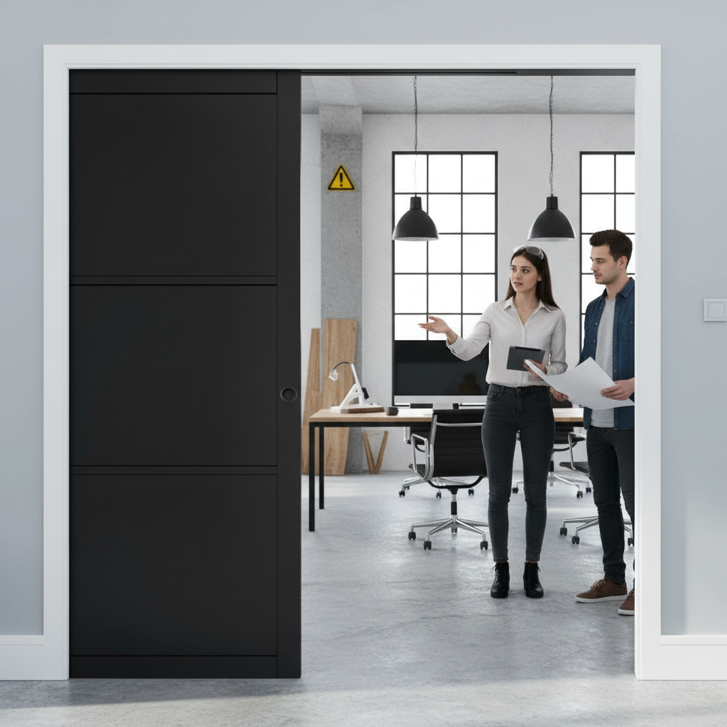 Premium 3 Panel Pocket Door Set with Top Hung Steel Frame and Adjustable Jambs for Industrial Style Interiors