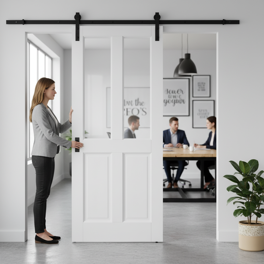 Premium Internal White Primed 4 Panel 2 Light Sliding Door Set with Clear Bevelled Glass for Rustic and Contemporary Spaces - Image 2