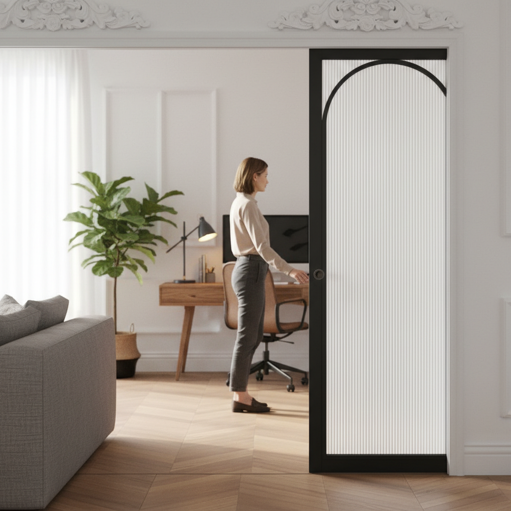 Premium Reeded Glazed Pocket Door Set with Galvanised Steel Frame and Customisable Jamb Options for Modern Interiors