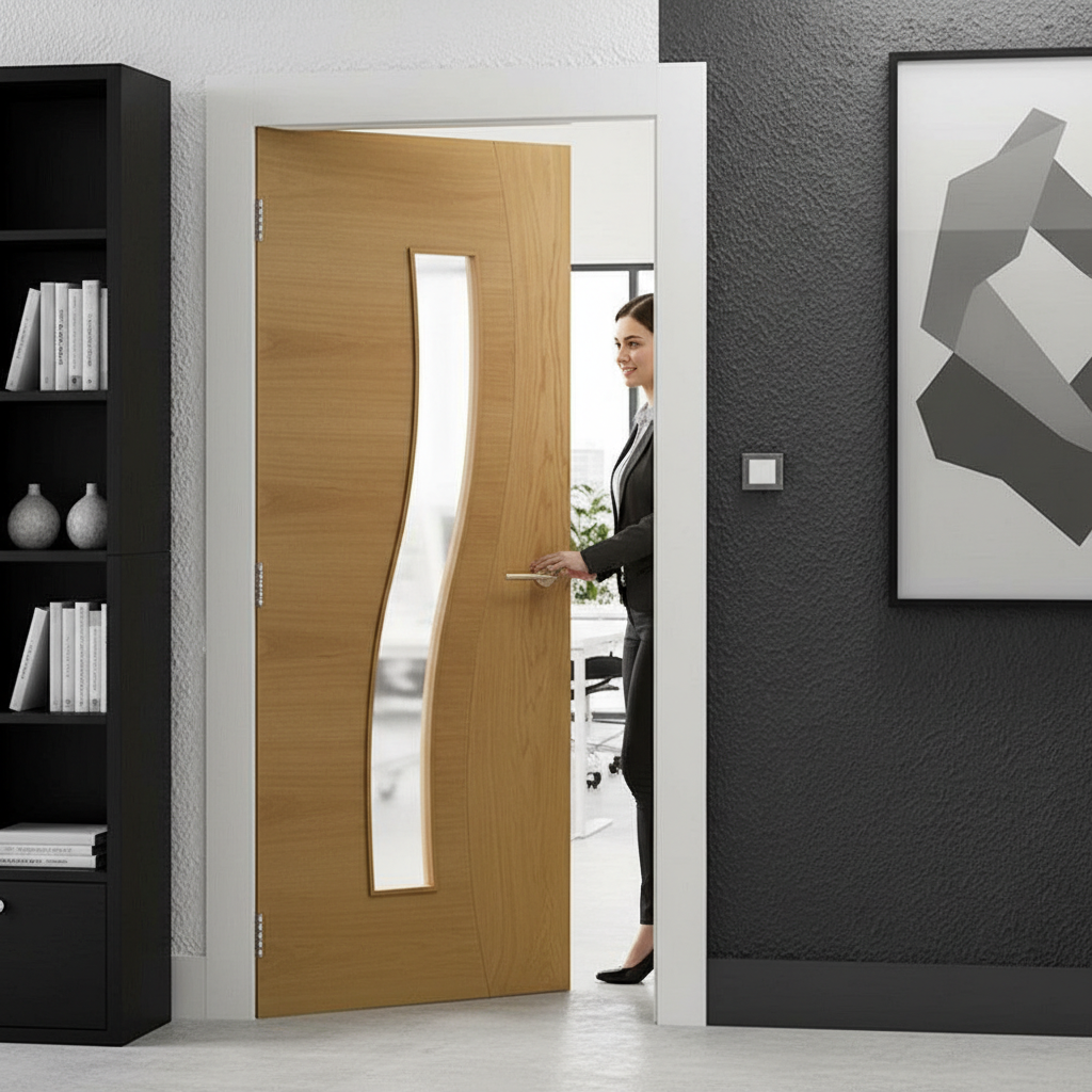 Premium Fully Finished Internal Oak Clear Glazed Door with Curved Glass Design and Solid Core for Enhanced Light Flow