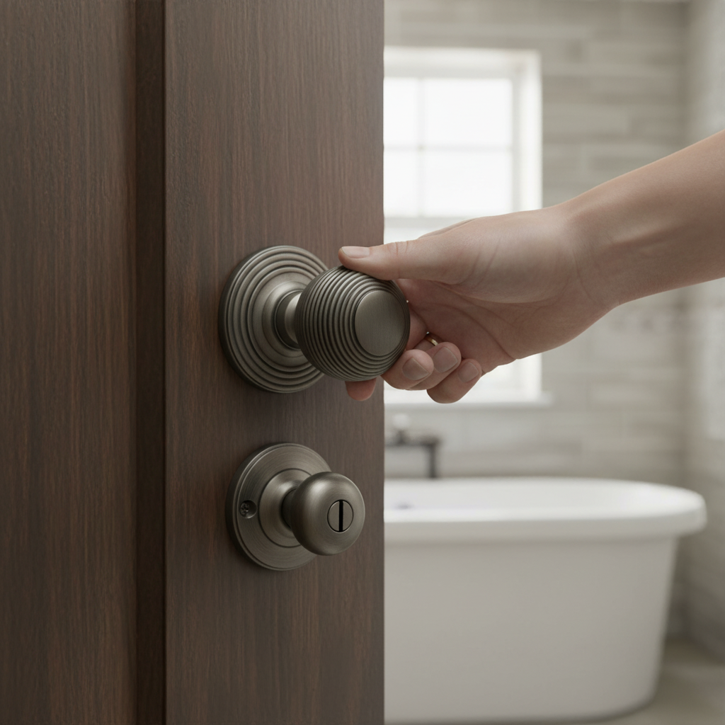 Premium Round Reeded Mortice Bathroom Door Knob Set in Gun Metal with Ball Bearing Hinges and Bathroom Lock - Image 2