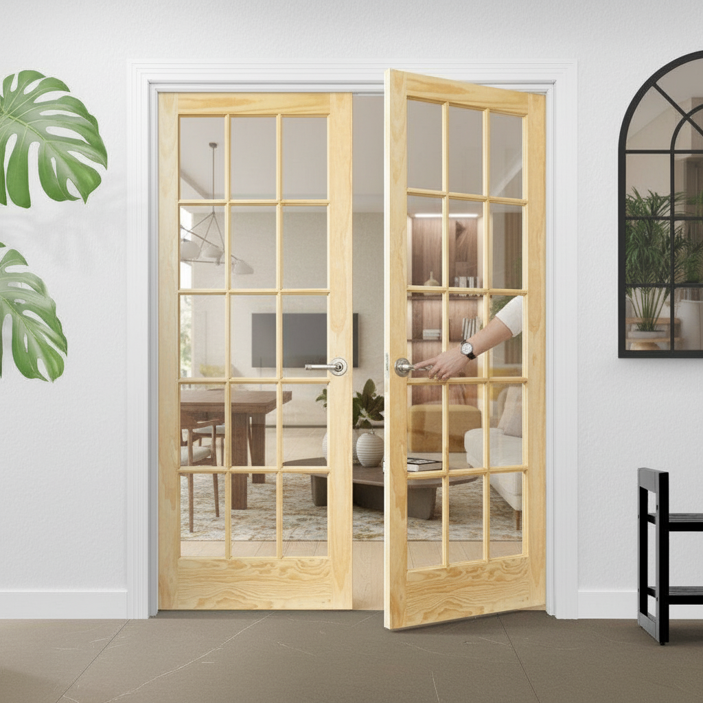 Internal Clear Pine Unfinished Pair Door with 15 Clear Glass Panels for Custom Finishing and Maximum Light Flow