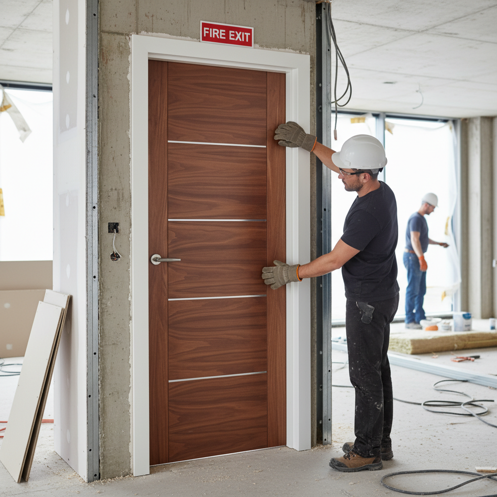 Premium Fully Finished Walnut FD30 Fire Door with Aluminium Inlays for Contemporary Interiors