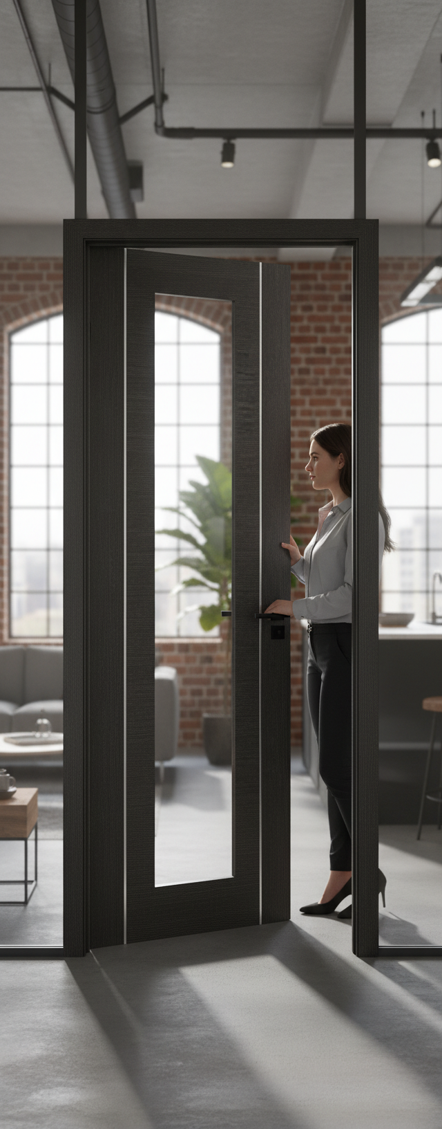 Premium Dark Grey Internal Door with Clear Glass and Aluminium Inlays for Modern Interiors