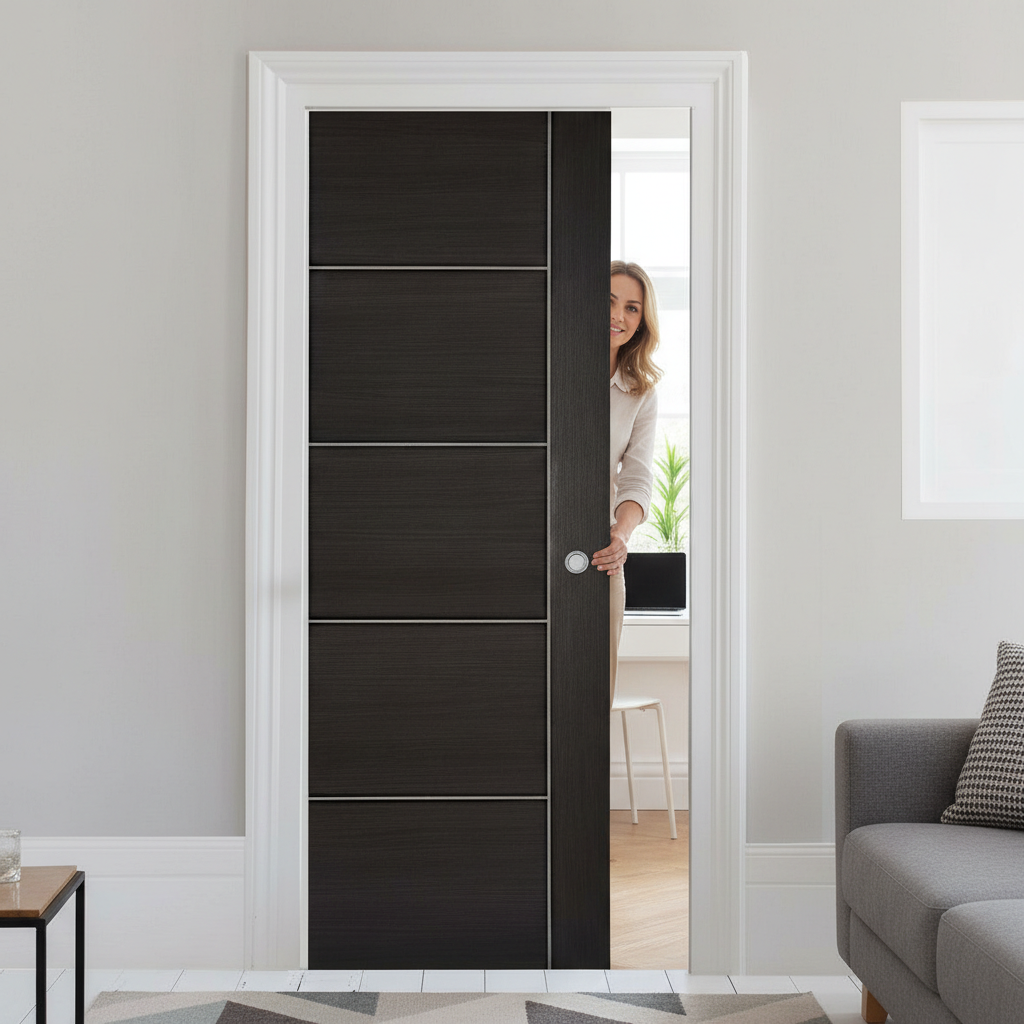 Premium Dark Grey Laminate Pocket Door Set with Galvanized Steel Frame, Adjustable Track, and 15-Year Guarantee