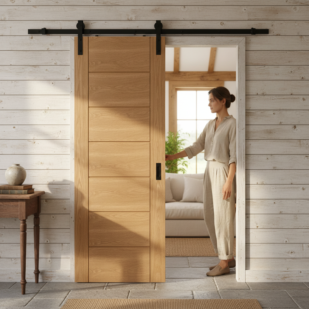 Premium Internal Oak Fully Finished Sliding Door Set with Sturdy Engineered Core and Classic Seven-Panel Design for Easy Installation