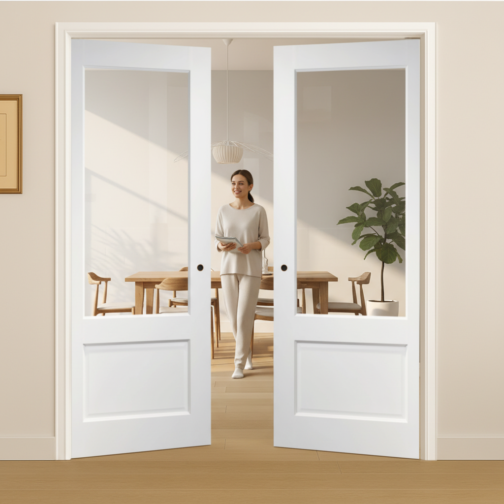 Premium Clear Glazed Double Pocket Door Set with Galvanised Steel Frame and Adjustable Jambs for Easy Installation