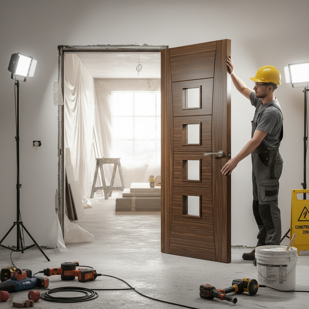 Premium Contemporary Walnut Glazed Fire Door with 30 Minutes Fire Rating and Solid Core Construction