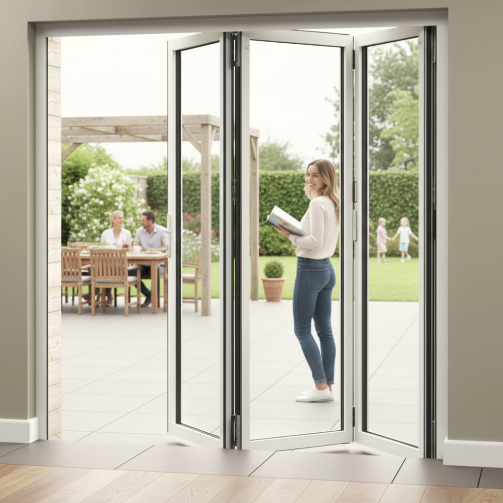 Premium 8ft Slimline White Aluminium Bifold Doors with Double Glazed Thermal Efficiency and Enhanced Security Features