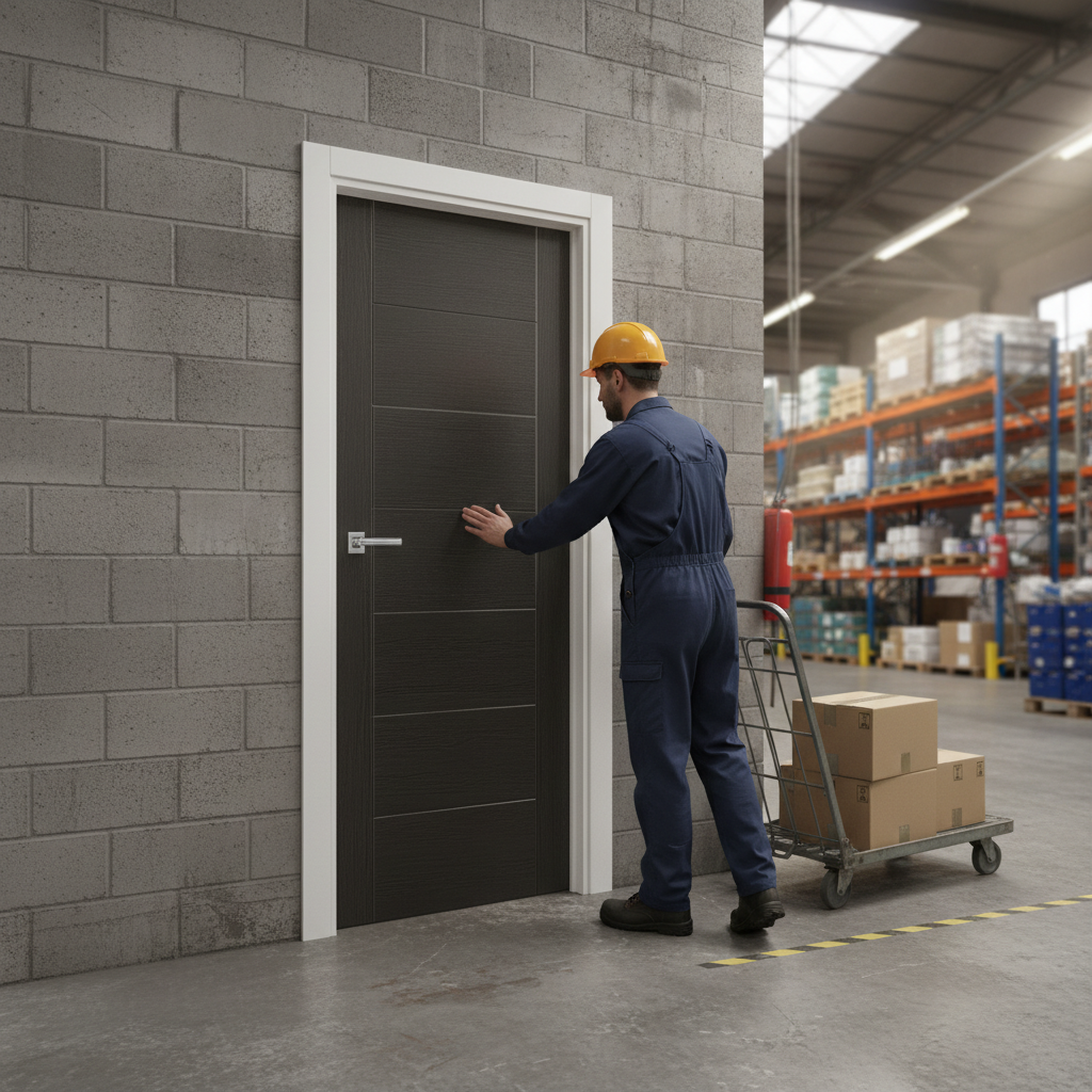 Premium Contemporary Dark Grey Fire Door with 7 Panels and Matching Inlays for Modern Spaces