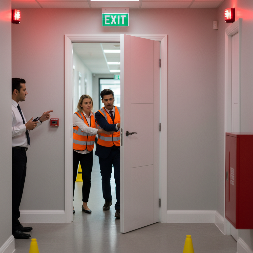 Premium White Primed FD30 Fire Door with 3 Ladder Style Panels and Grooved MDF Construction