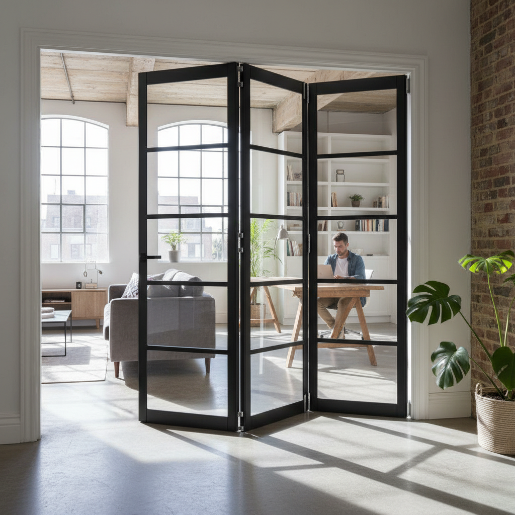 Premium Clear Glazed Industrial Style Room Divider with Bi-Folding Doors and High-Quality Track System for Seamless Spaces