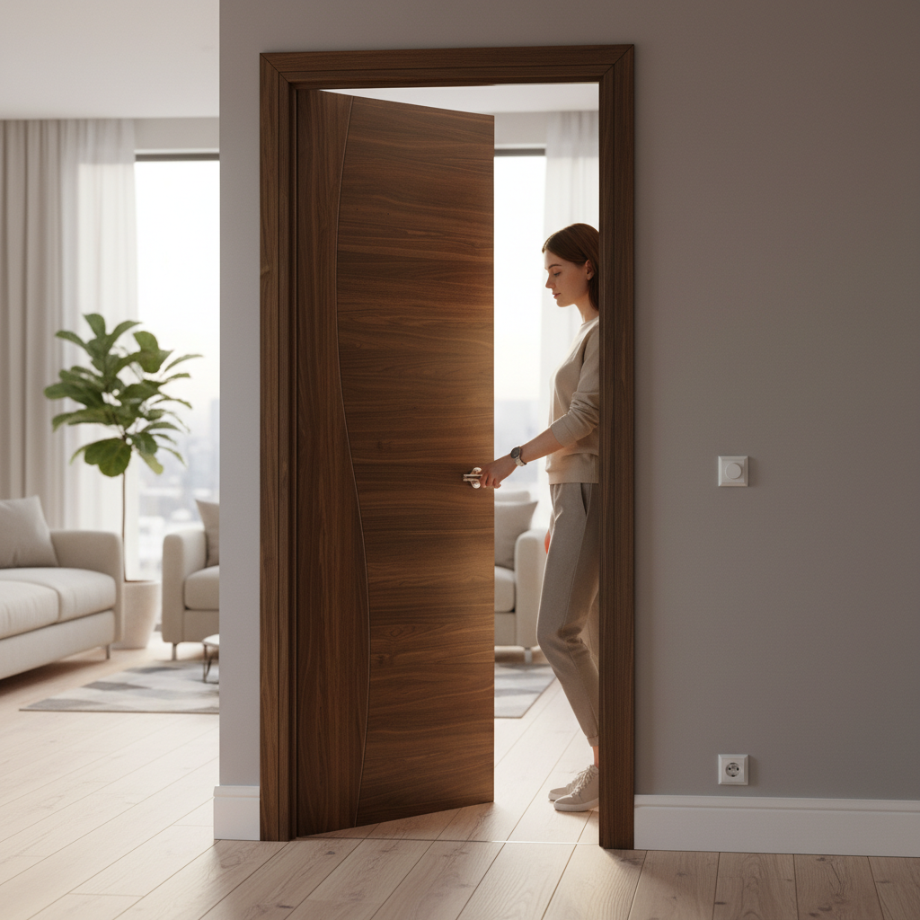 Premium Prefinished Walnut Internal Door with Solid Inlay and Curve Design - High-Quality Professional Grade for Industrial and Commercial Applicat...