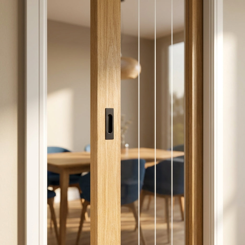Internal Oak Pocket Door Set Unfinished 1 Light Obscure Lined Glass 100mm - detail view