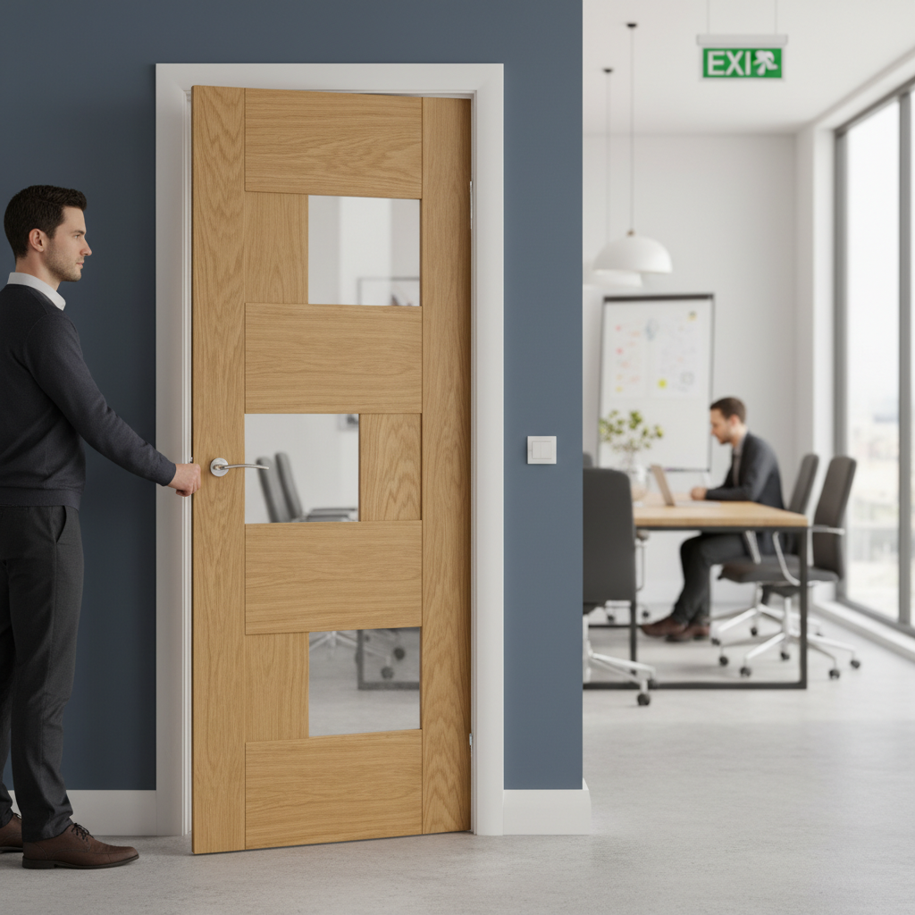 Premium Oak Internal Door with Clear Glass, Stepped Panel Design, Factory Finished with Satin Lacquer