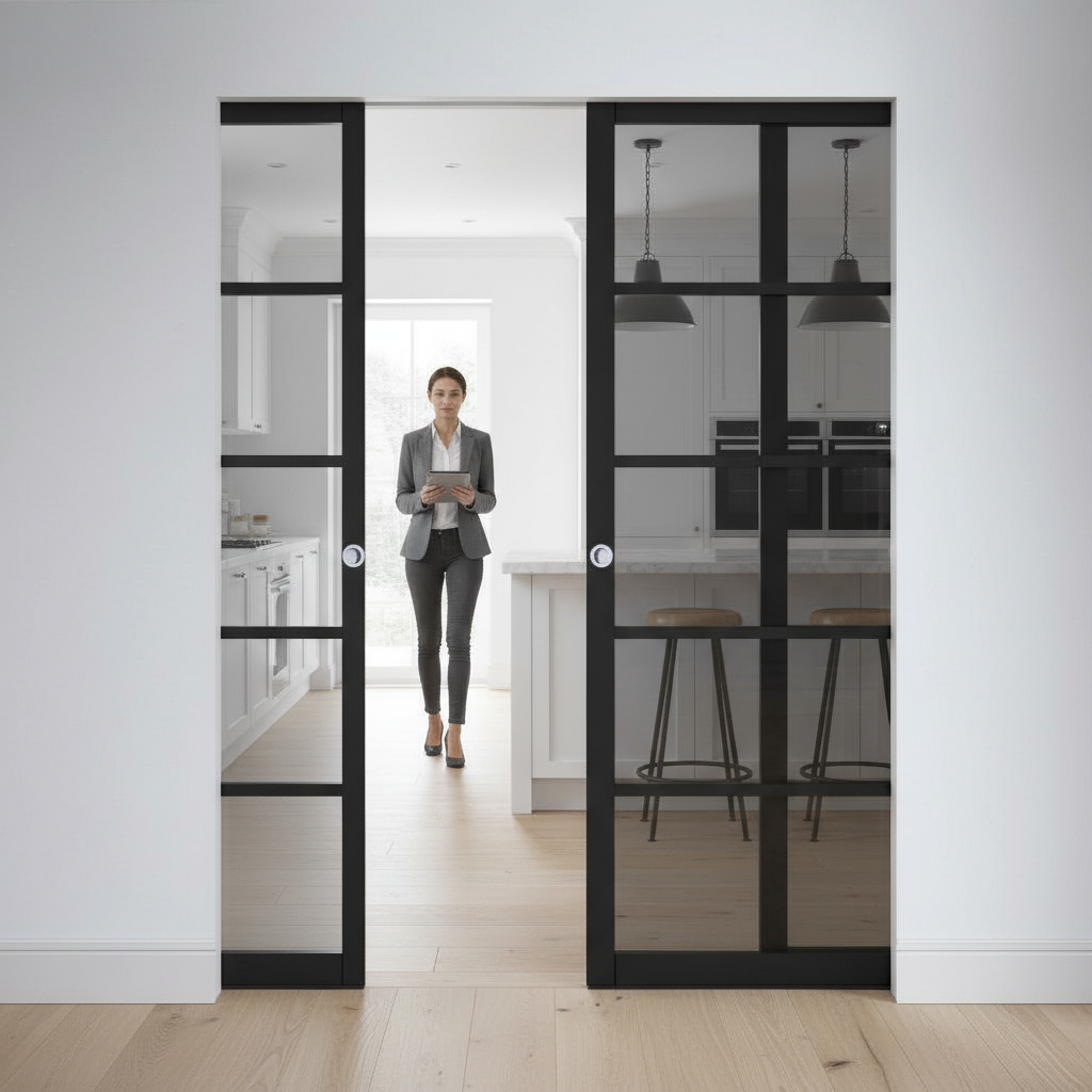 Premium Industrial-Style 5-Panel Tinted Glazed Double Flush Pocket Door System for Modern Spaces