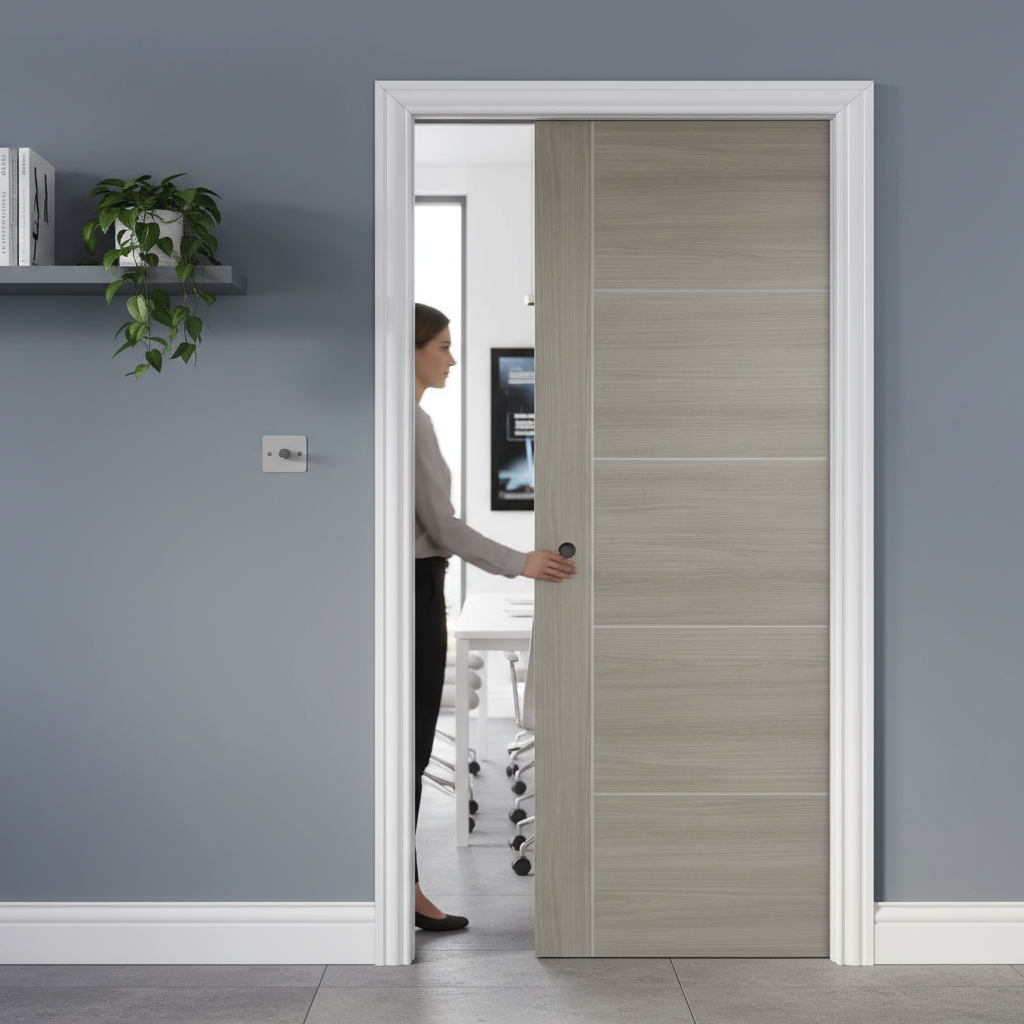 Premium Light Grey Laminate Pocket Door Set with Modern Five Panel Design and Durable Steel Frame