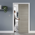 Premium Light Grey Laminate Pocket Door Set with Modern Five Panel Design and Durable Steel Frame