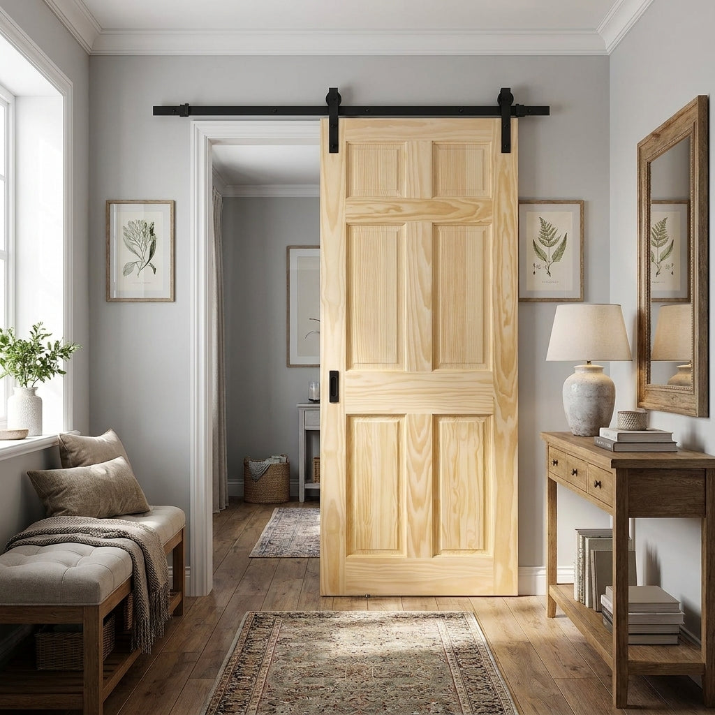 Clear Pine Internal Sliding Door Unfinished 6 Panel Black Face Mounted