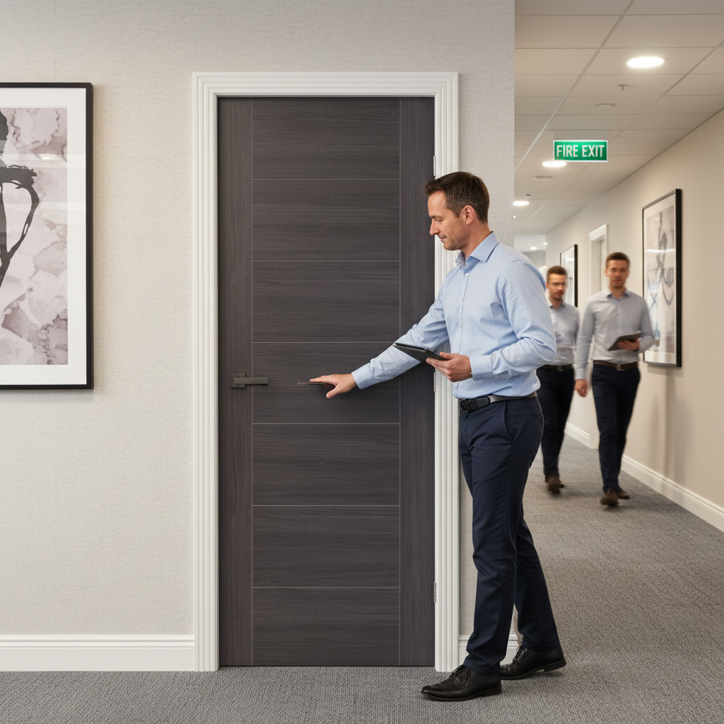Premium Laminate Fire Door with Dark Grey Finish and Textured Surface for Enhanced Aesthetics and Safety