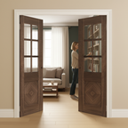 Premium Clear Glazed Double Pocket Door Set with Walnut Veneers and Galvanised Steel Frame for Elegant Interior Design