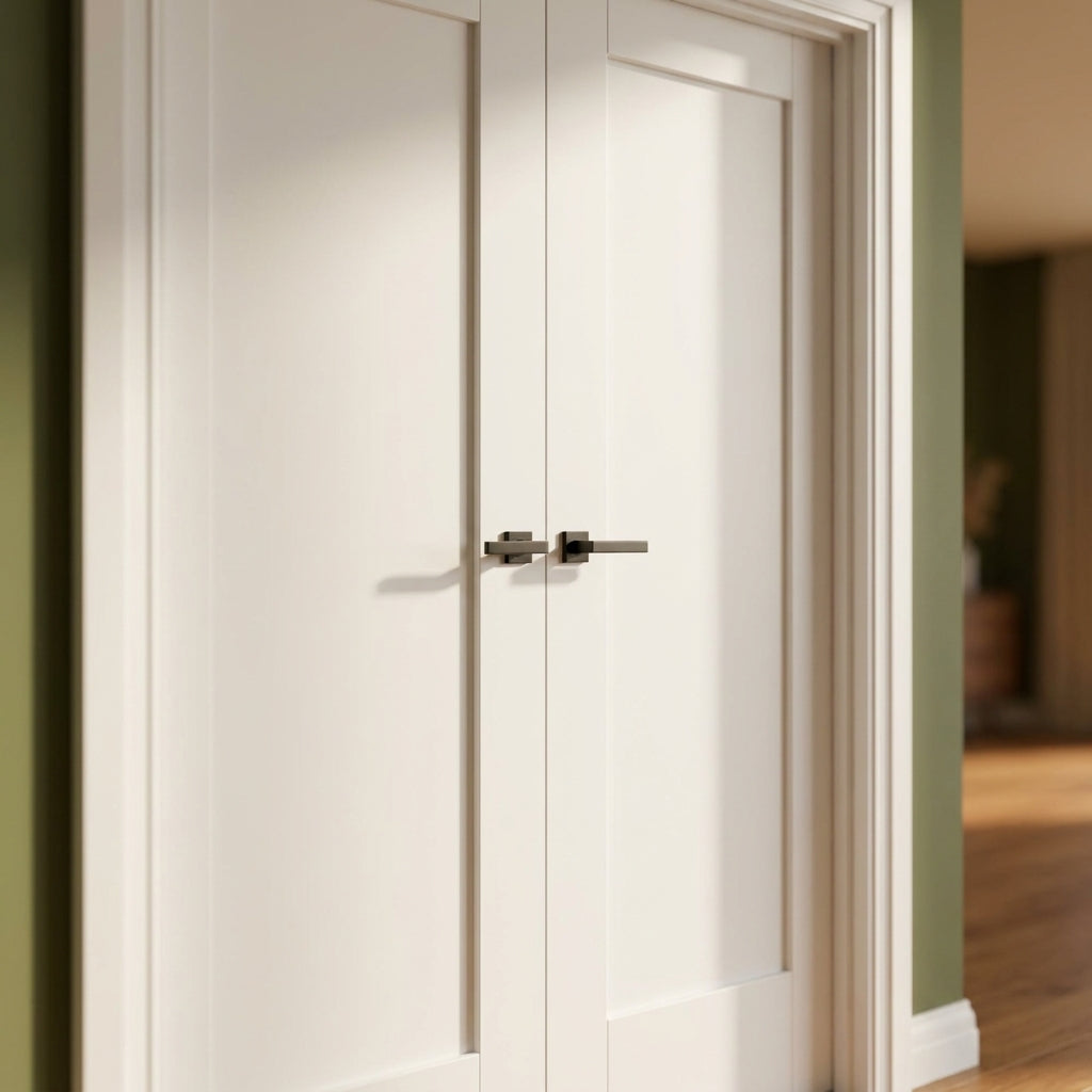 Internal Solid Core White Primed 1 Panel Pattern 10 Door Pair - detail view