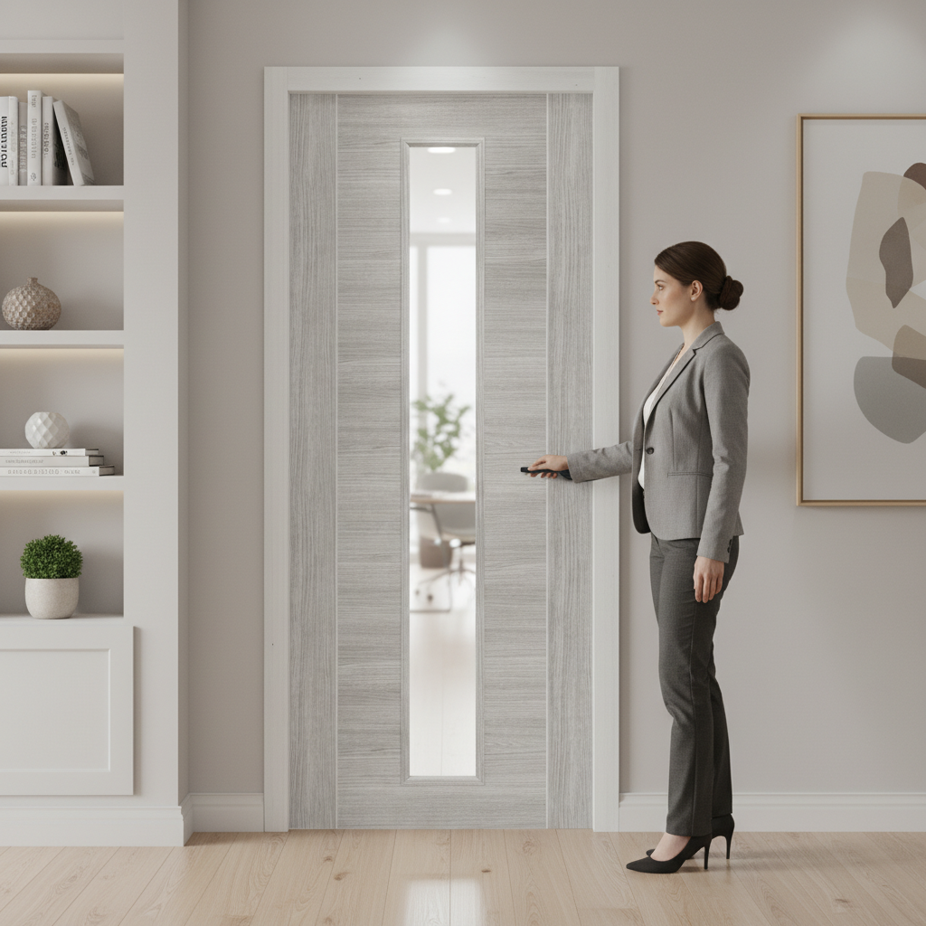 Premium White Grey Laminate Door with Clear Glass - Easy to Clean and Modern Design for Family Homes