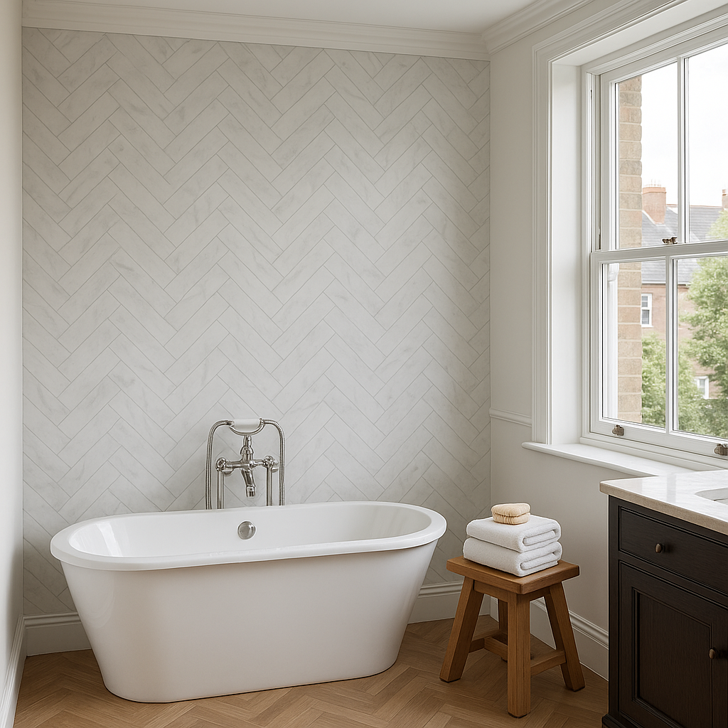 Herringbone Marble Wall Panelling 2440x600mm Shell Finish Waterproof